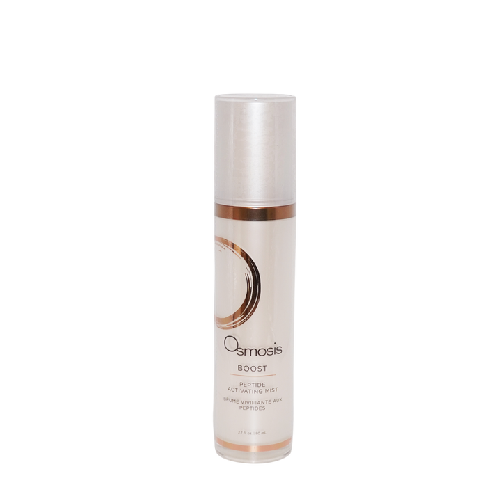Osmosis Boost Hydration Spray in a clear cylindrical bottle with a metallic silver cap and a white label featuring a rose gold circular accent, set against a plain white background.