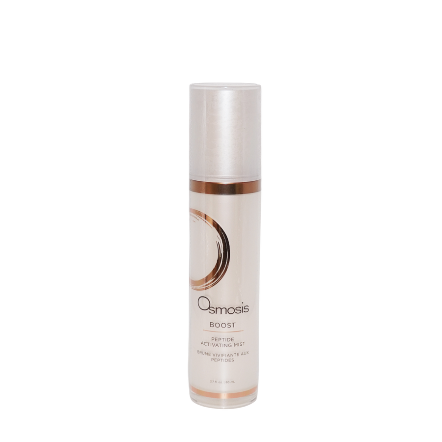 Osmosis Boost Hydration Spray in a clear cylindrical bottle with a metallic silver cap and a white label featuring a rose gold circular accent, set against a plain white background.